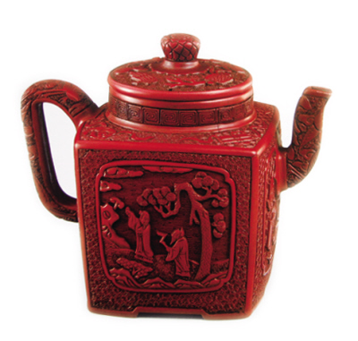 宜興窯時大彬款紫砂胎雕漆四方壺 明